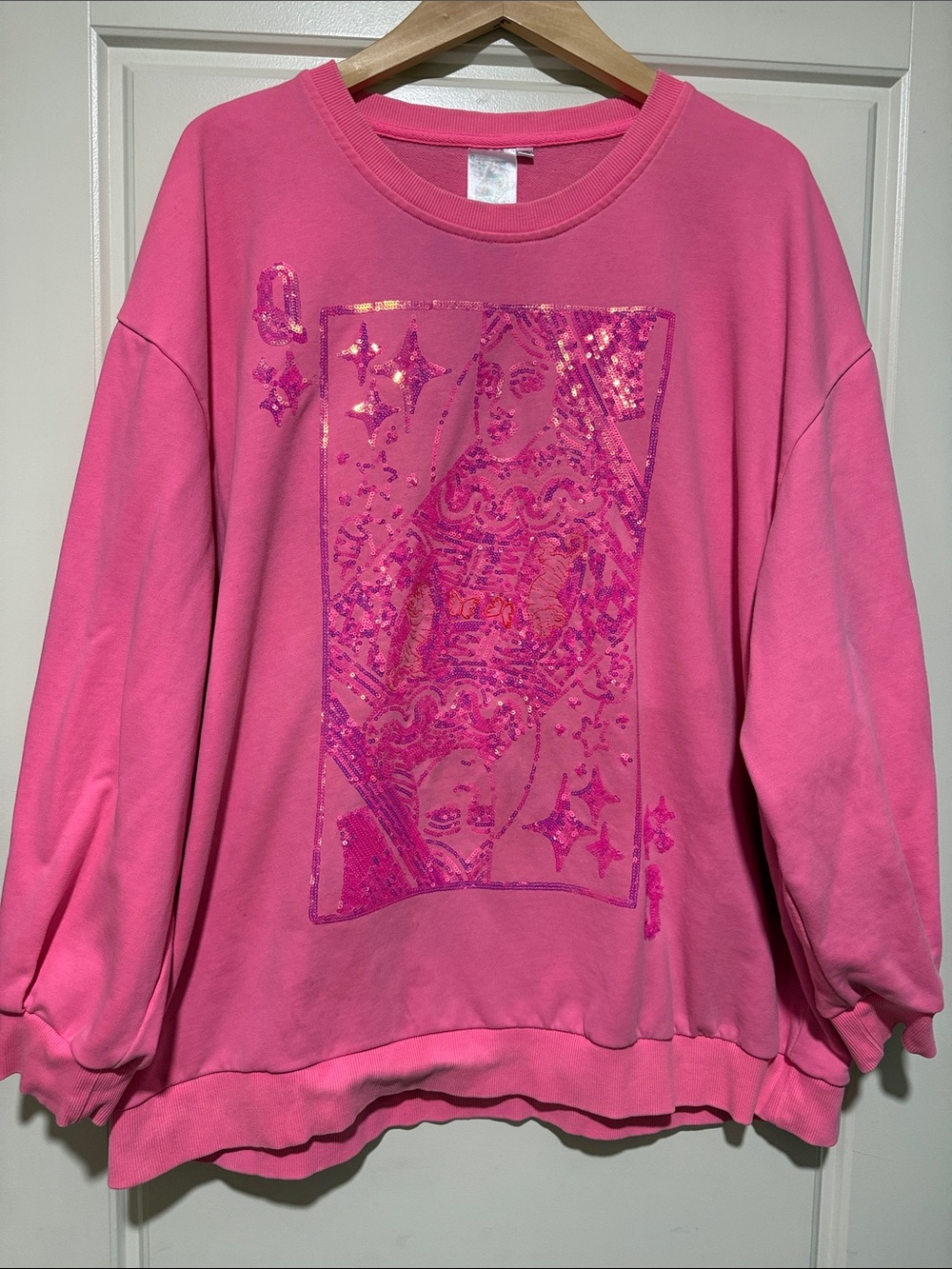 QUEEN OF SPARKLES Pink Sequin Playing Card Crewneck Sweatshirt